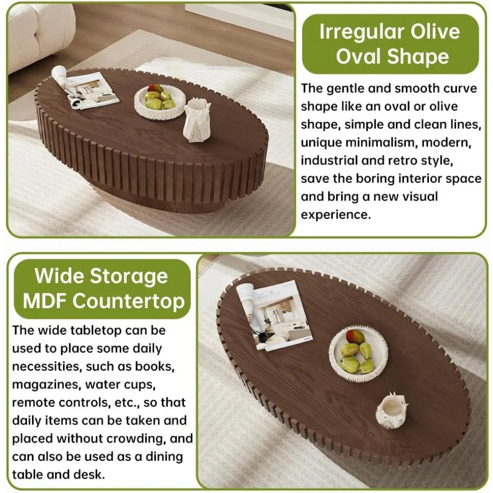 Oval Coffee Table, Brown Drum Fluted, Mid Century Modern, Irregular Pedestal Center, For Living Room Farmhouse