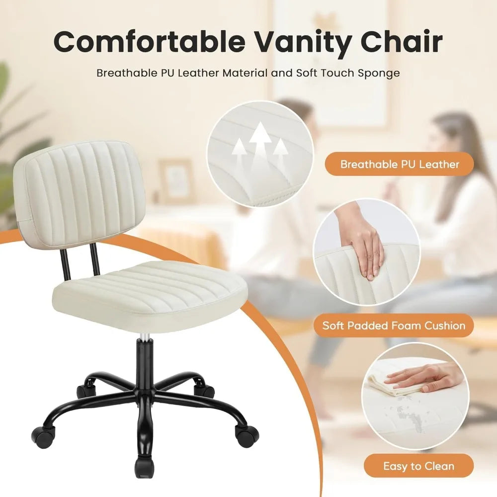 Small Office Desk Chair with Wheels, Armless Desk Chair with Lumbar Support, PU Leather Low Back Adjustable Height 360