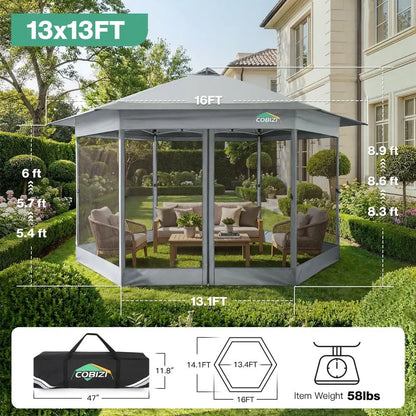 16x16 Pop Up Gazebo on Clearance, Screen Tent amp Soft Top, Gray Outdoor Canopy Tent, Adjustable Height, 256 Sq Ft Shade, Hexag