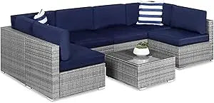 Seven Piece Modular Set, Outdoor Sectional Wicker Patio, Conversation With Two Pillows, Coffee Table Cover Included