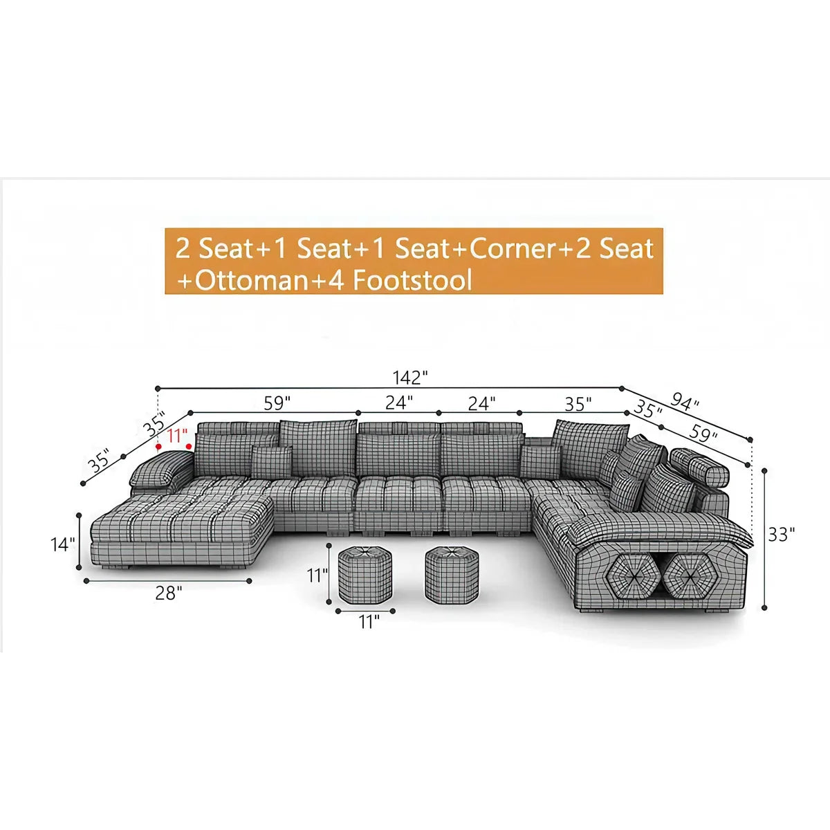 U-Shape Sectional Couch Fabric Upholstered Sofa Couches Sectional Couches for Living Room 7 Seater Modern Sectional Sofa