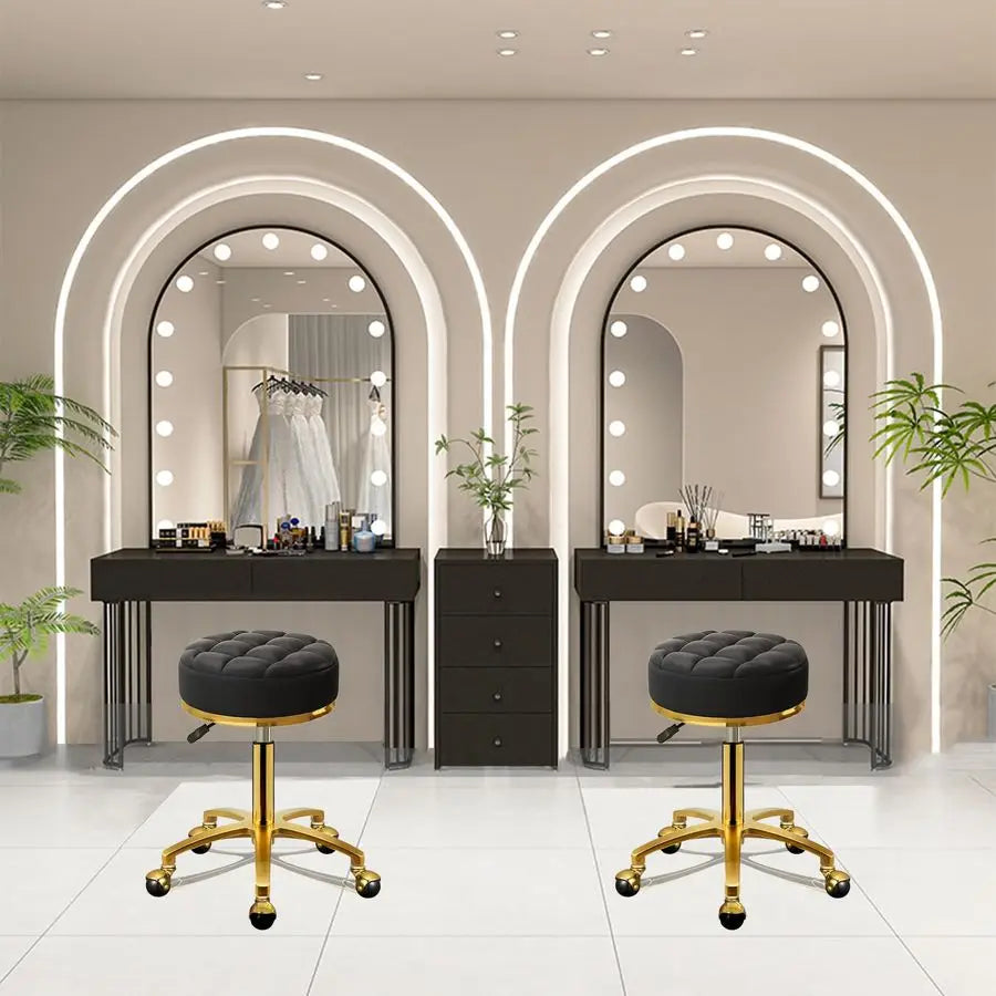 Rolling Stool Gold Vanity Stool with Wheels, Pedicure Massage Roller Stools, PU Leather Round Swivel Salon Spa Chair, Titanium