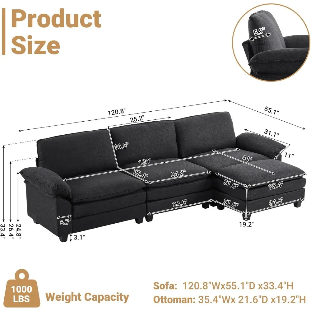 121 Inch Cloud Couch Comfortable Modular Sectional Sofa For Living Room Modern Linen 3-seat Convertible Loveseat Sofa Apartment