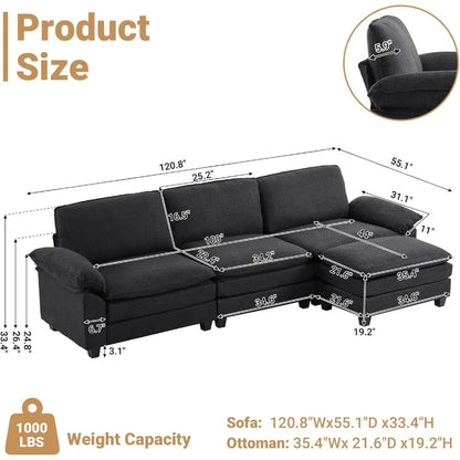 121 Inch Cloud Couch Comfortable Modular Sectional Sofa For Living Room Modern Linen 3-seat Convertible Loveseat Sofa Apartment