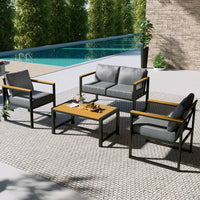 4-Piece All-Weather Patio Set with Coffee Table and Thick Cushions, Modern Metal Furniture for Outdoor Porch in Gray