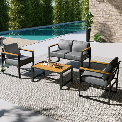 4-Piece All-Weather Patio Set with Coffee Table and Thick Cushions, Modern Metal Furniture for Outdoor Porch in Gray
