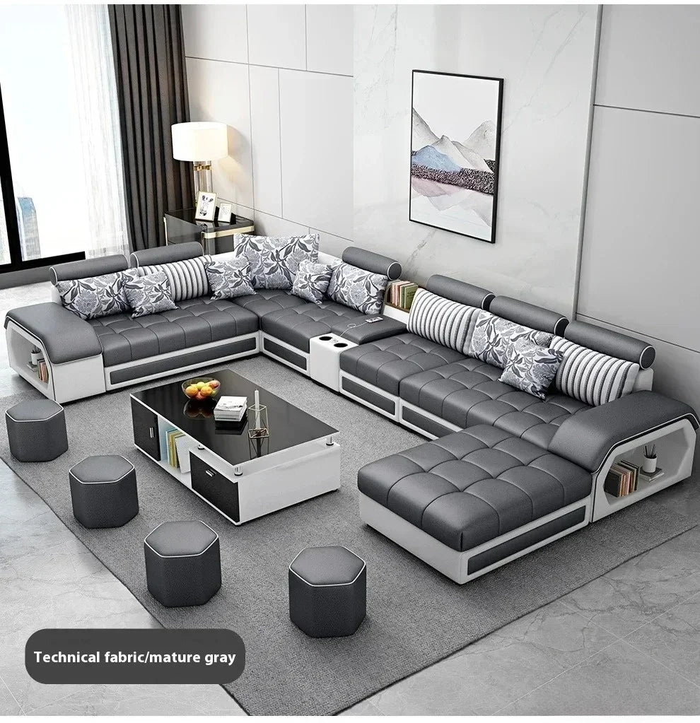 Linlamim Fabric Sofa Set Furniture Living Room Sofa Set with USB and Stools / Big U Shape Cloth Couch Sofas for Home Furniture