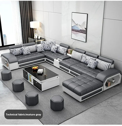 Linlamim Fabric Sofa Set Furniture Living Room Sofa Set with USB and Stools / Big U Shape Cloth Couch Sofas for Home Furniture