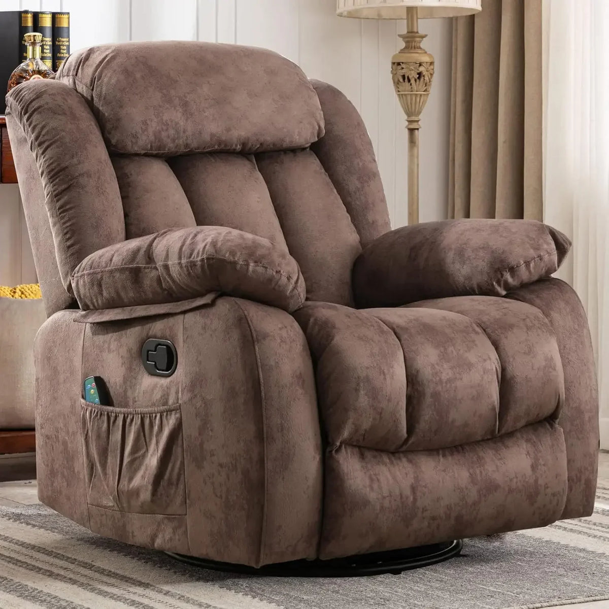 Massage Rocker Recliner with Heat and Vibration, 360 Degree Swivel Manual Antiskid Fabric Single Sofa Heavy Duty Reclining Chair