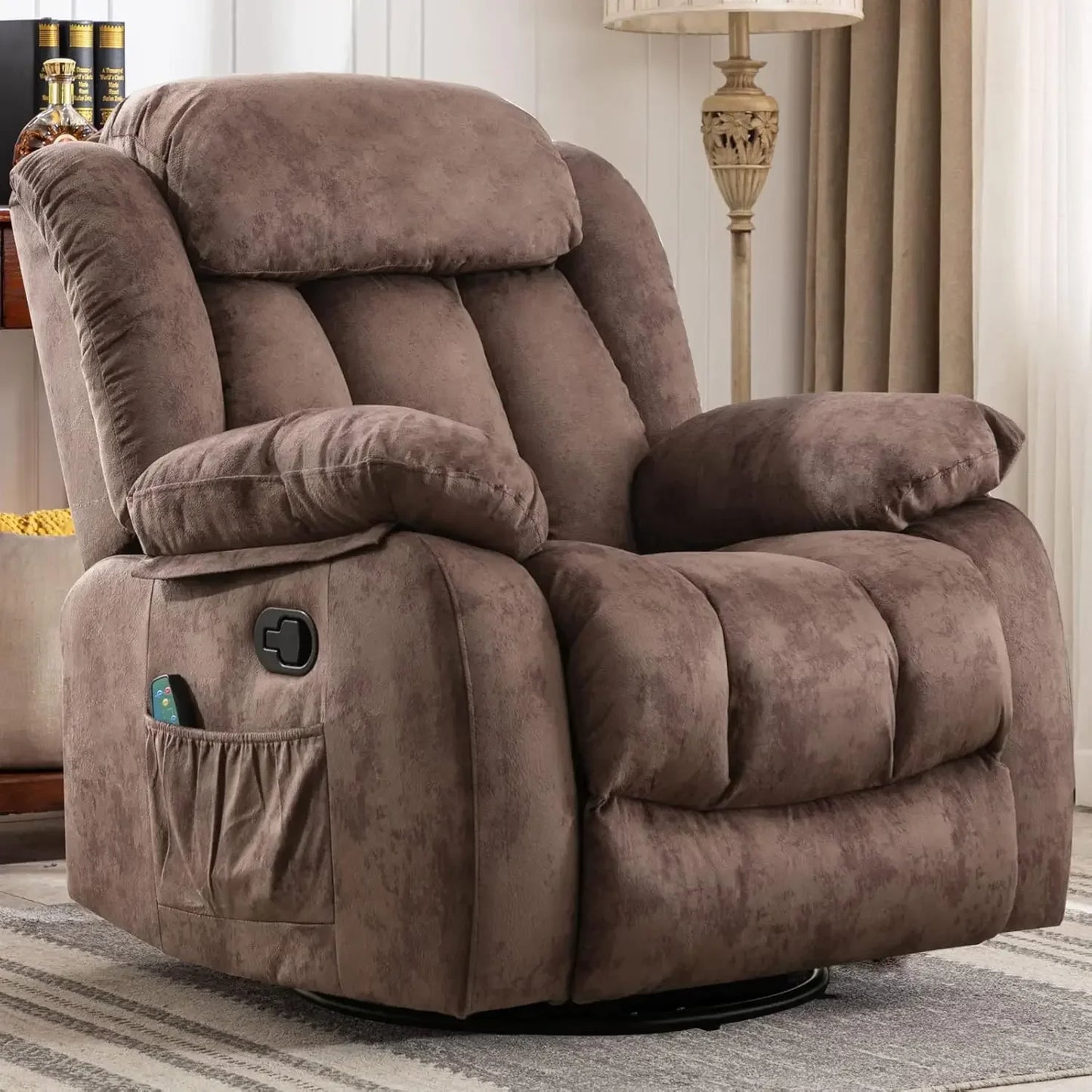 Massage Rocker Recliner with Heat and Vibration, 360 Degree Swivel Manual Antiskid Fabric Single Sofa Heavy Duty Reclining Chair
