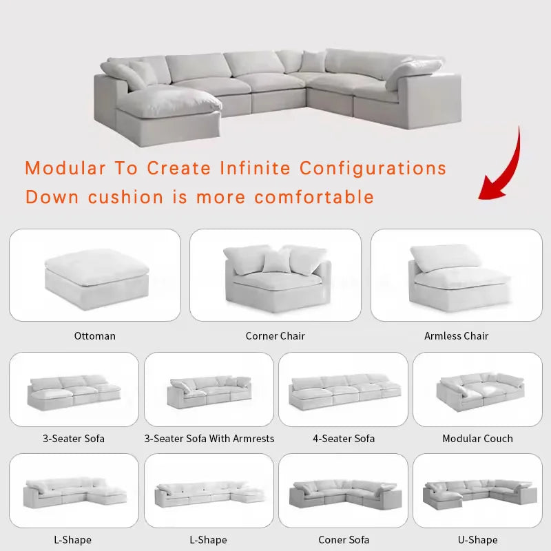 Modern Style Comfortable Coud Couch Living Room Furniture Modular Down Filling Velvet Fabric Sectional Sofa Set
