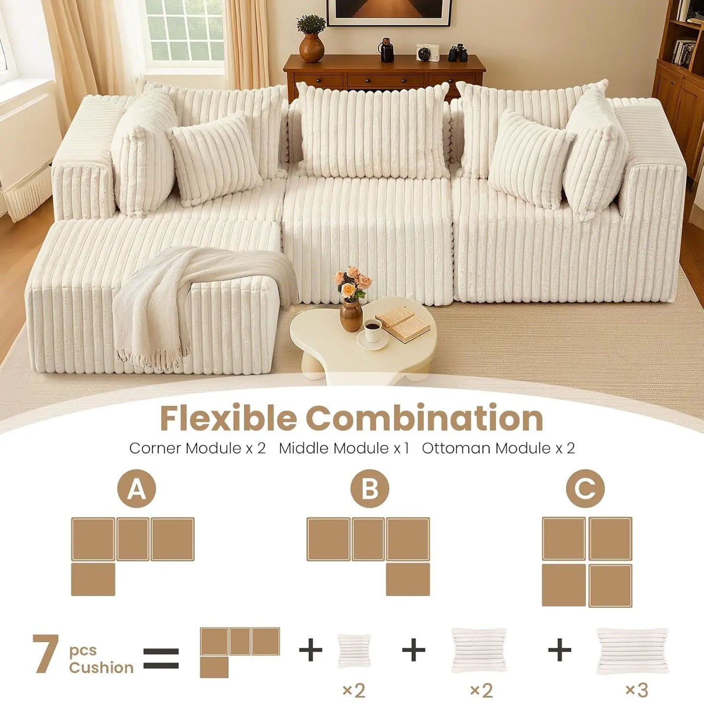 104 Inch Cloud Couch Sectional,Corduroy Boneless Couches For Living Room,L-Shaped Modular Sectional Sofa With Removable Ottoman