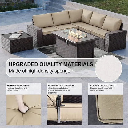 Outdoor Patio Furniture Set with 43" Gas Propane Fire Pit Table and Wicker Rattan Sectional Sofa for Conversation