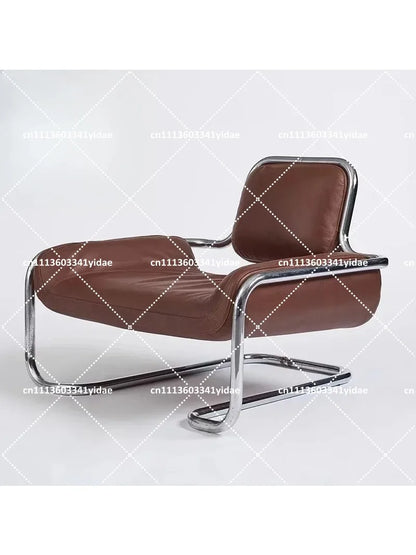Mid-Century Modern Lounge Chair with Metal Legs, Brown Faux Leather Accent Chair for Living Room