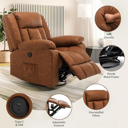 360° Swivel Recliner with Massage & Heating, Rocking Chair with Side Pockets & USB for Living Room, Nursery, or Bedroom