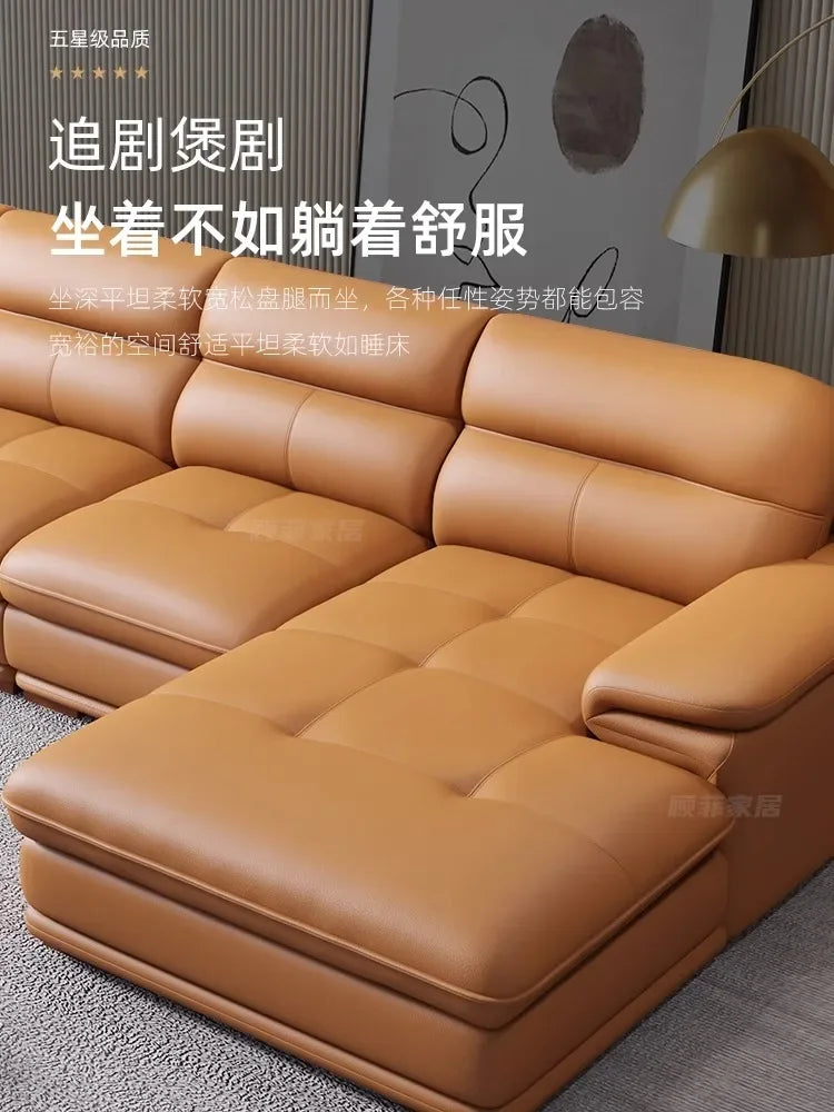 Nordic Italian light luxury leather sofa with a top layer of cowhide, modern and minimalist living room size,  art sofa