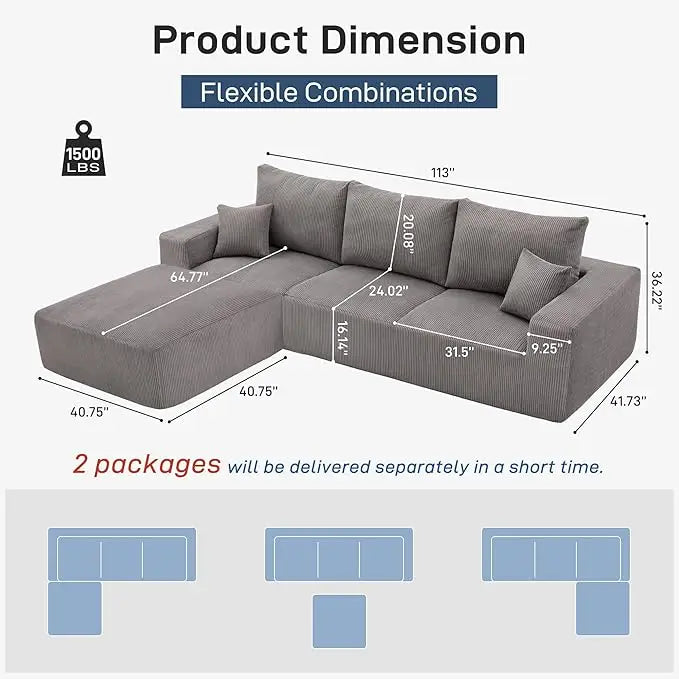 Luxury Sectional Cloud Boneless Sofa Couches | 113'' 3 Seater U-Shaped Modern Lounge Couch | No Assembly Modular for Living Room