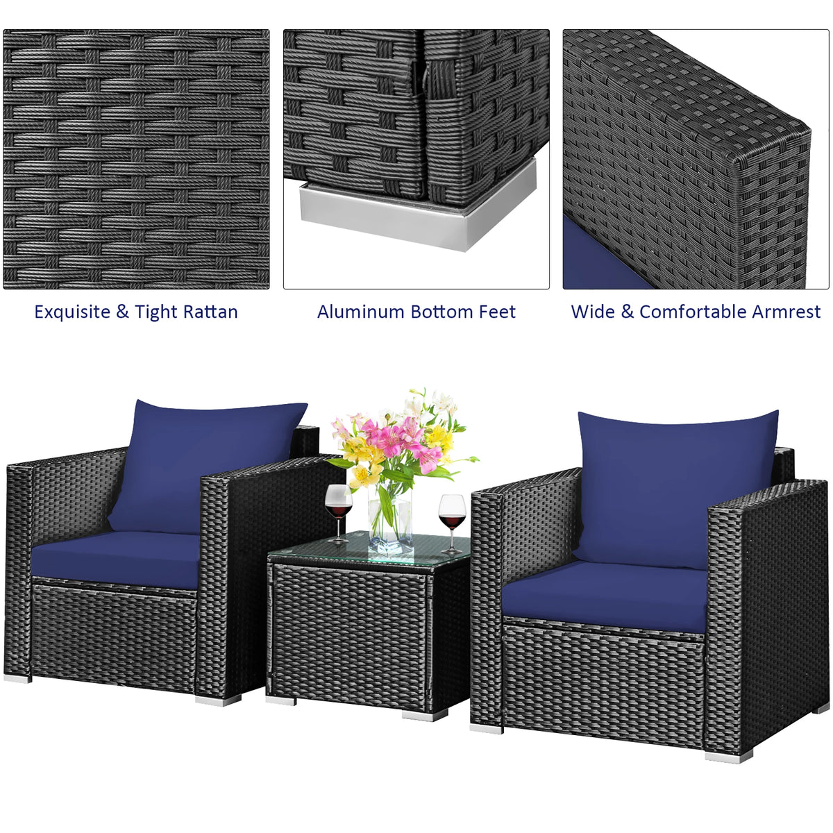 3PCS Patio Rattan Wicker Furniture Set Sofa Table W/Cushion Yard Navy