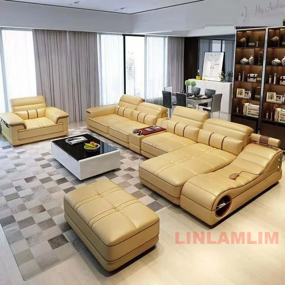 MINGDIBAO Modern Luxury Sectional Sofa Set with Chaise Lounge – Italian Genuine Leather Couch with Speakers, USB Port & Storage