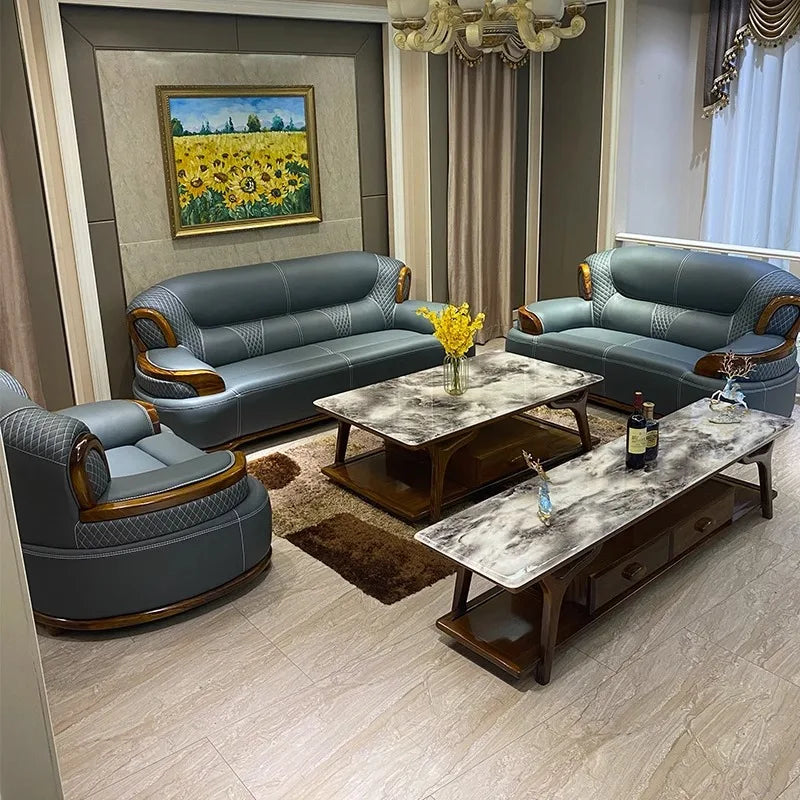New Chinese ebony leather sofa modern simple living room large first layer yellow cowhide new solid wood combination