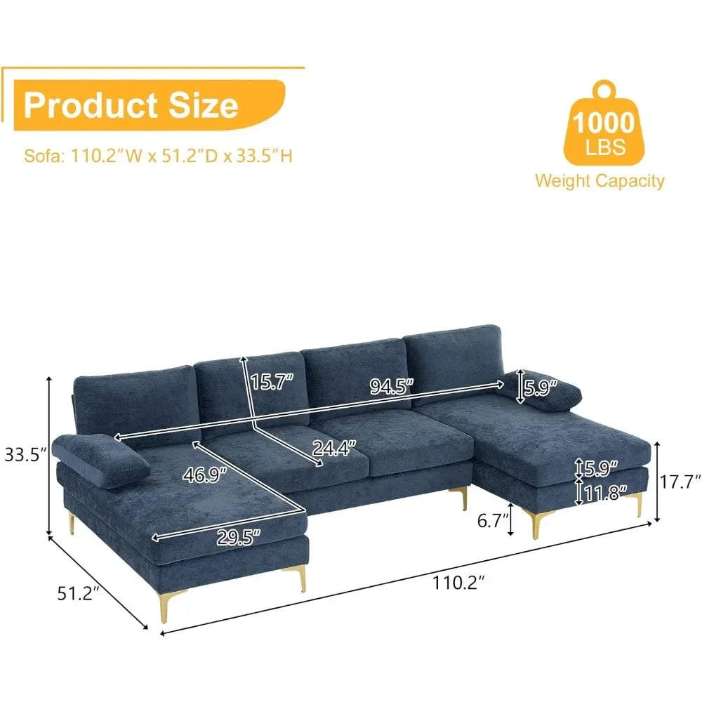 Convertible Sectional Sofa with Chaise Chenille Fabric Upholstered for Living Room, 110