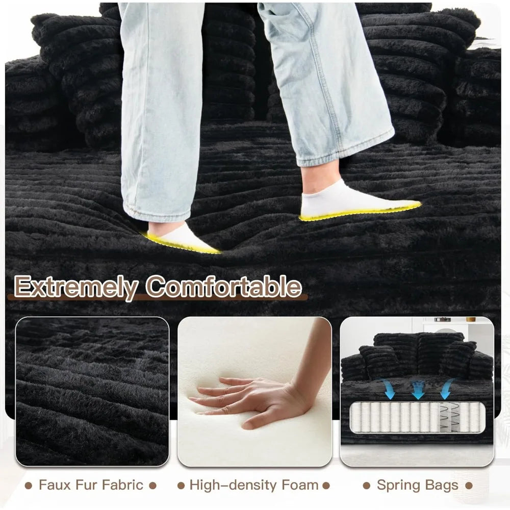 Oversized Plush Faux Fur Chaise Lounge Chair Indoor Sleeper Sofa Couch Bed with Pillows and Wide Armrests, Comfy Cloud Sofa for