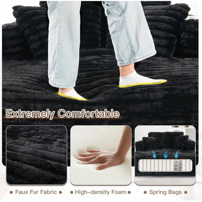Oversized Plush Faux Fur Chaise Lounge Chair Indoor Sleeper Sofa Couch Bed with Pillows and Wide Armrests, Comfy Cloud Sofa for