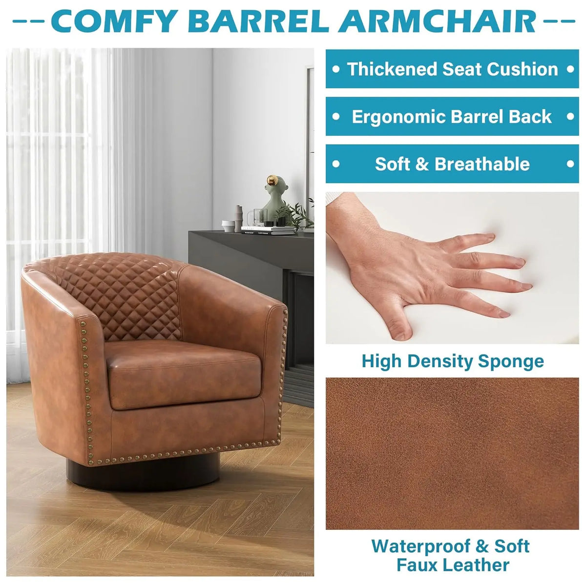 Faux Leather Swivel Barrel Accent Chairs Set of 2, Upholstered Armchair Club Chair for Living Room, Round Comfy Single Sofa Bedr