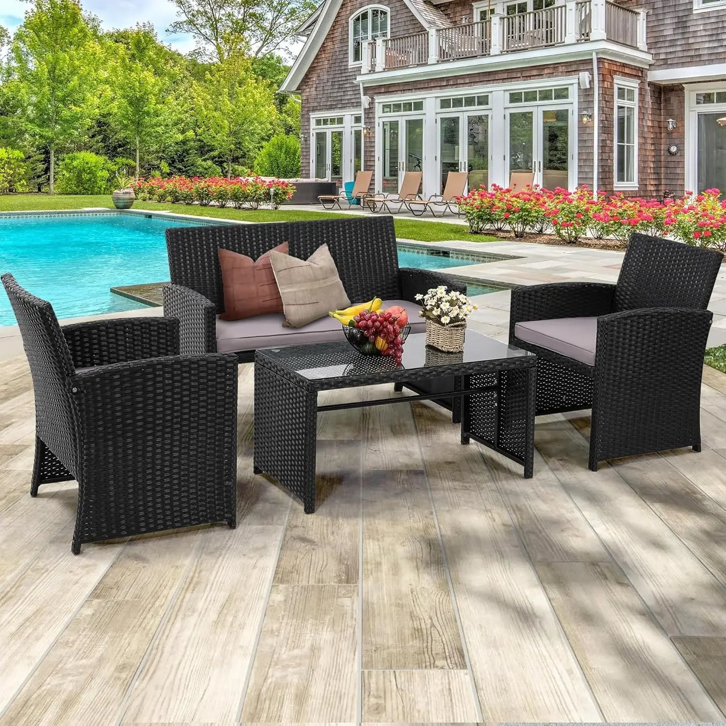 4 Pieces Rattan Patio Furniture Set,Outside Sectional Conversation Cushioned Sofa Set, Wicker Sofa Ideal