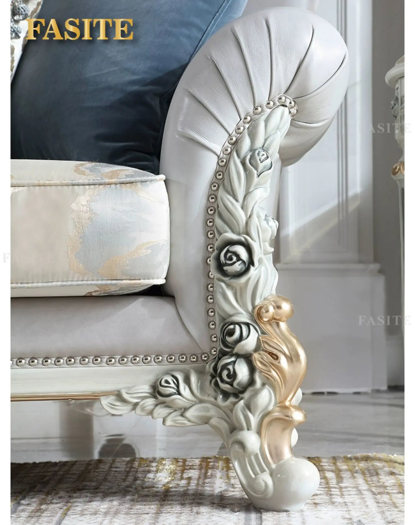 French light luxury living room large apartment first layer cowhide European solid wood carving flower three sofa combination