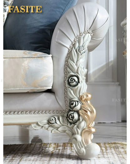 French light luxury living room large apartment first layer cowhide European solid wood carving flower three sofa combination