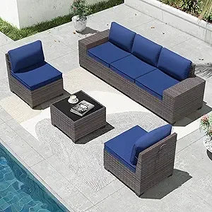 6-Piece Patio Furniture Set with Glass Top Tea Table, PE Rattan Wicker Conversation Set, Washable Cushions, Outdoor Patio