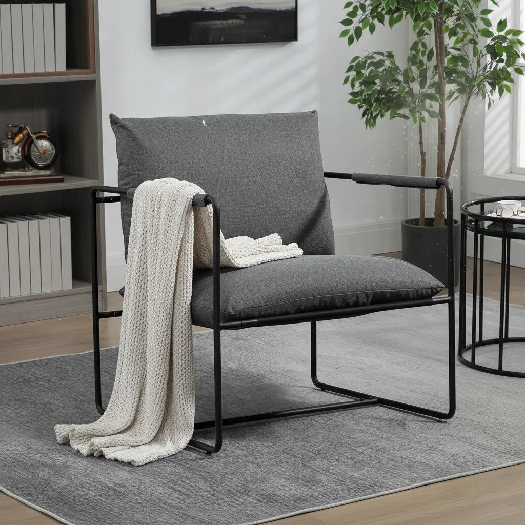 Modern Mid Century Accent Chair, Metal Frame Armchair with Shredded Foam Cushion, Upholstered Lounge Chair Dark Grey