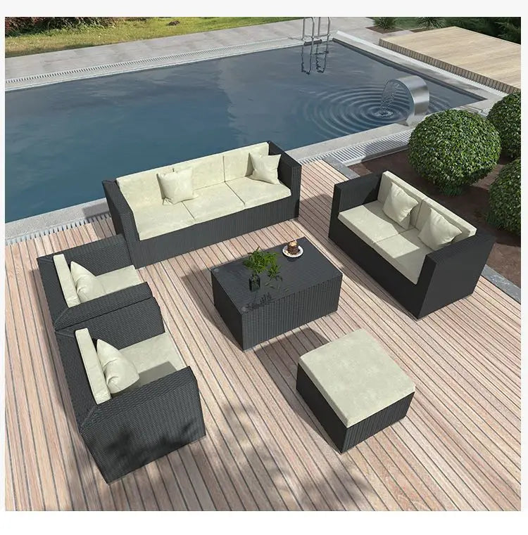 Rattan Garden Furniture Set, Outdoor Corner Sofa Couch, Handwoven Rattan Patio Conversation Set, Cushions and Glass Table