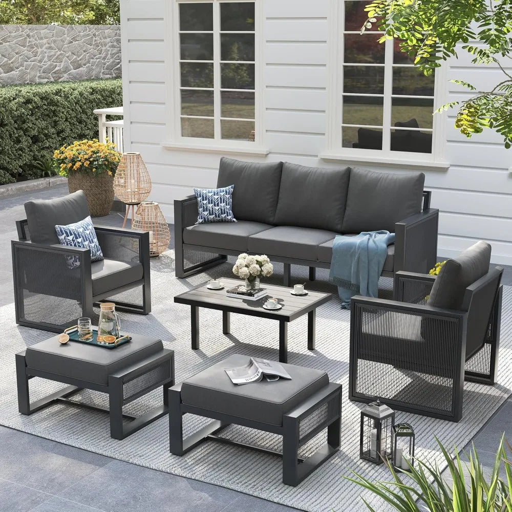 Patio Furniture Set with Ottoman, 6 Piece Modern Aluminum Outdoor Furniture Set, Patio Conversation Sets with Thickend Cushions