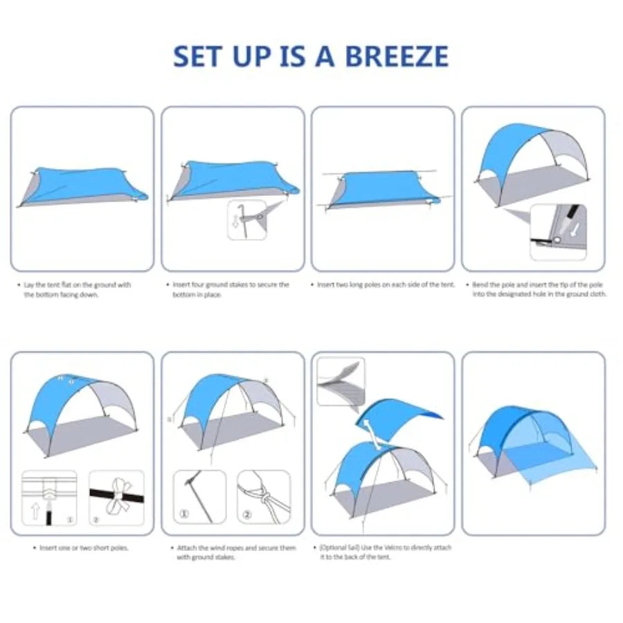 Beach Tent - Beach Shade Canopy Compact Fold 16.9x3.9″ Own Patent 360° Ventilation Large Side Storage Pocket UV Protection Port
