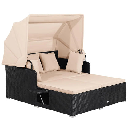 Outdoor Daybed, 2-Person Wicker Patio Sofa with Retractable Canopy, Cushions & Pillows, 2 Side Trays, PE Rattan Double, Custom