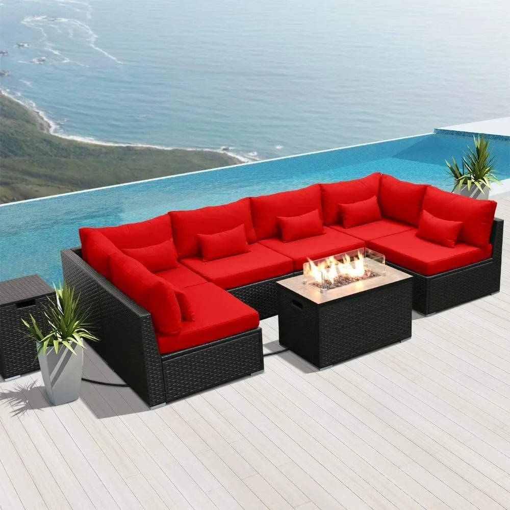 wicker rattan outdoor patio furniture with fire pit and sectional sofa seating