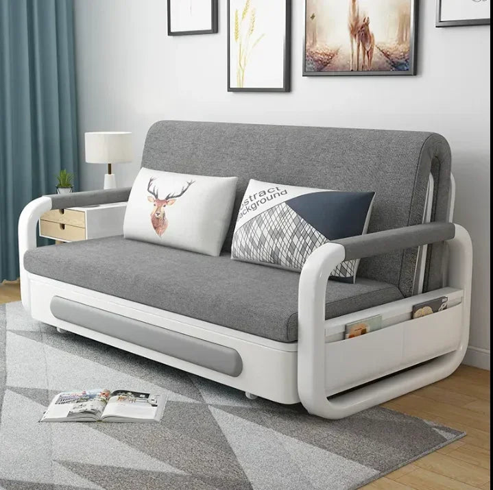 Modern Folding Sofa Bed with Fabric Upholstery Apartment Furniture Metal Frame Extendable for Living Room Dining Hotel Use