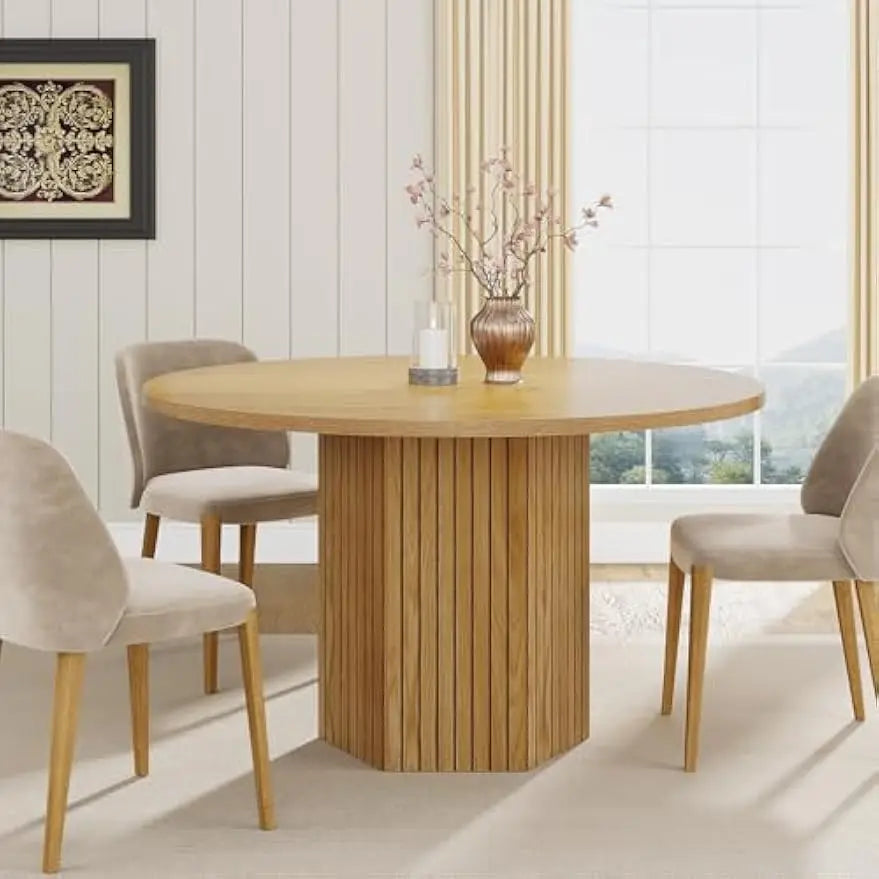 Wood Dining Table Round Kitchen Table for Dining Room, 47 inch Dinner Table 4 People Dining Room Table with Heavy Duty Pedestal