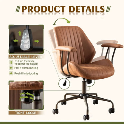 ergonomic high-back swivel chair in modern style with brown suede fabric for comfortable home office use