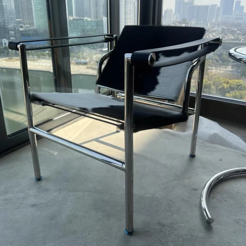 Single Leather Stainless Steel Leisure Chair, Living Room Balcony Study Swivel Chair, Business Meeting and Negotiation Chair