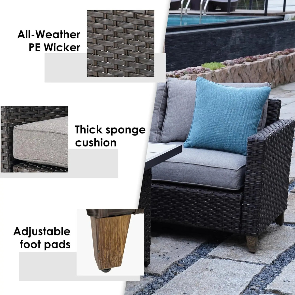 New Hot Sale Outdoor Furniture, Patio Wicker Sectional Sofa Modular Furniture Set Single Sofa Chair with Thick Cushions