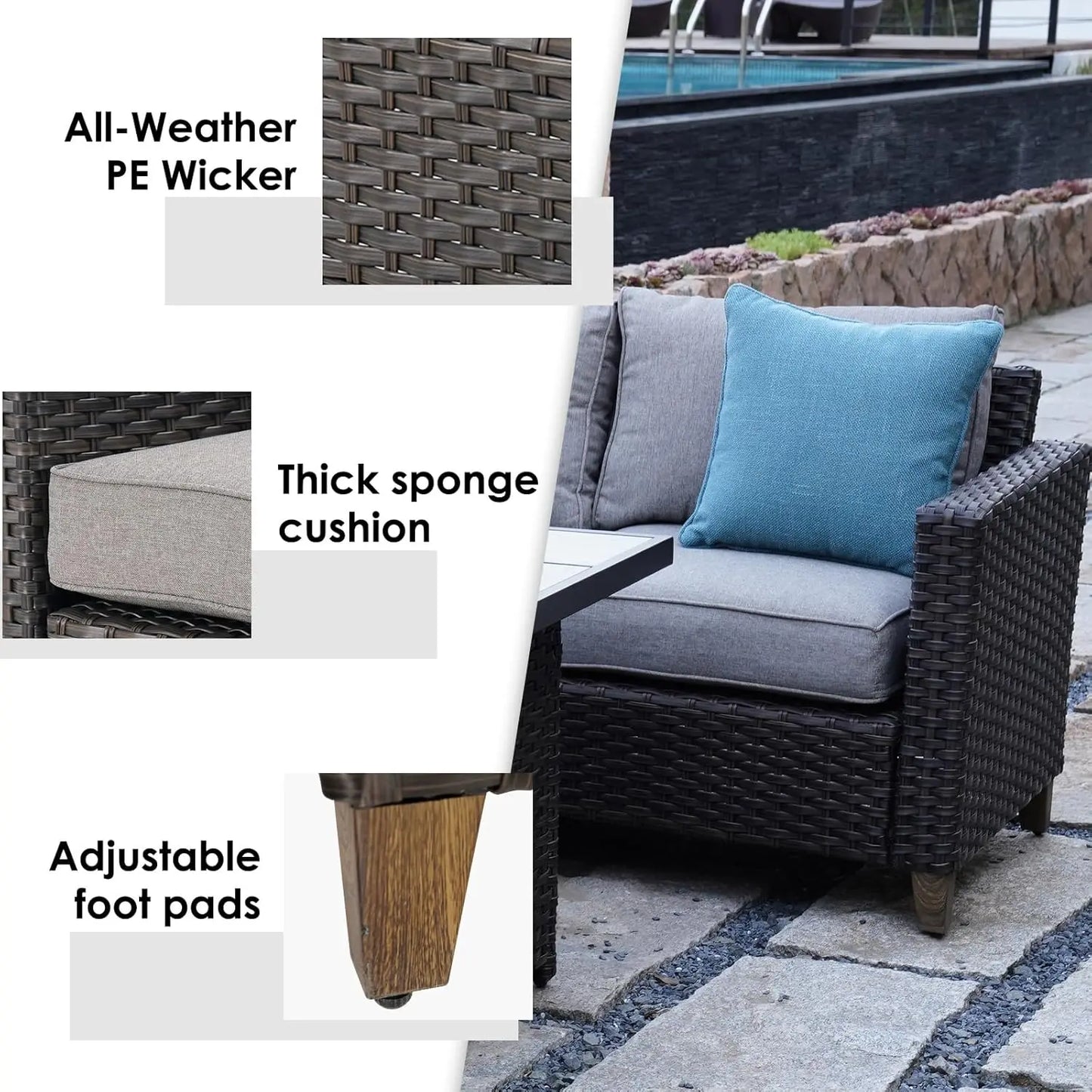 New Hot Sale Outdoor Furniture, Patio Wicker Sectional Sofa Modular Furniture Set Single Sofa Chair with Thick Cushions