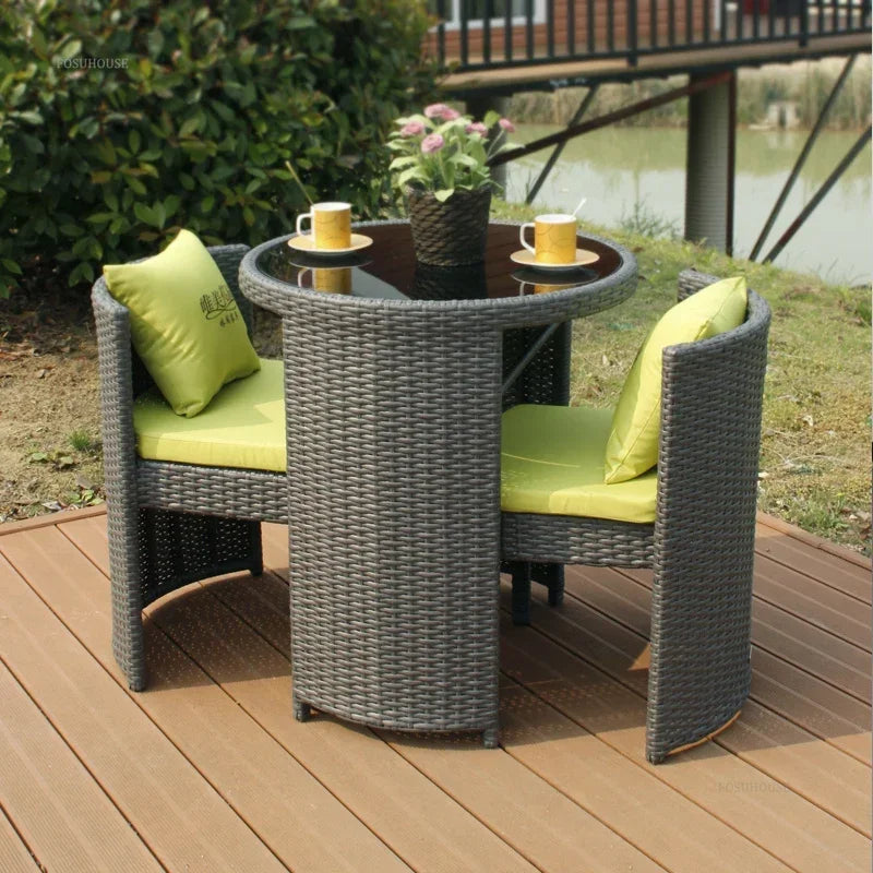 Balcony Rattan Garden Furniture Set 3-piece Courtyard Terrace Outdoor Round Table and Chairs Patio Leisure Table and Chairs B