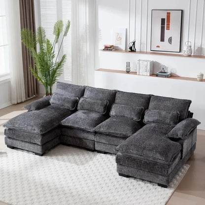 U-Shaped Sectional Sofa Couch, Modern Chenille, Comfy Modular Sleeper with Double Chaise, Memory Foam for Living Room