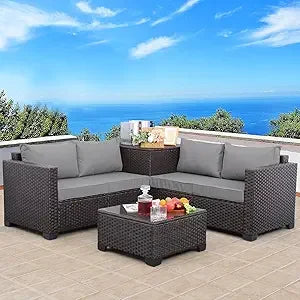 Outdoor Patio Furniture Set 4 Piece， Brown Rattan Sectional Sofa Couch PE Wicker Conversation Sets with Storage Box Glass Top Ta