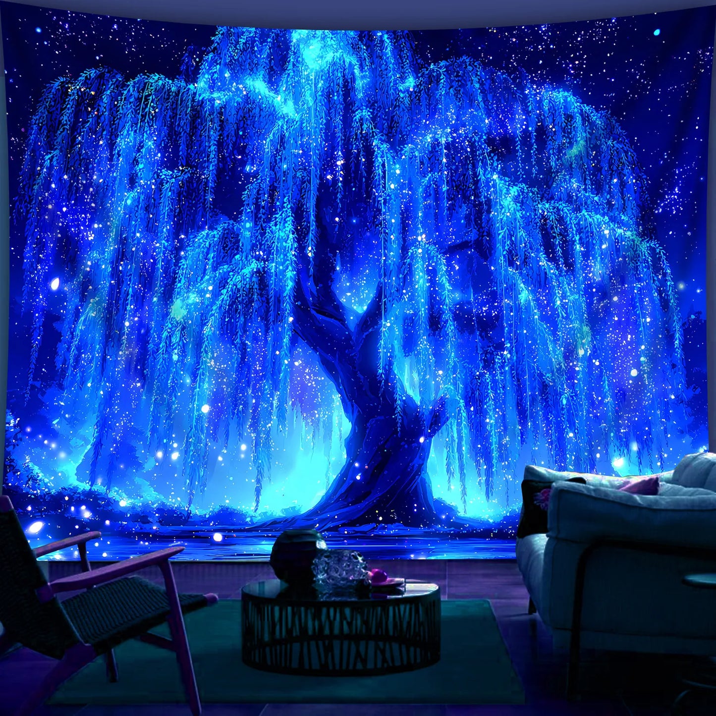 VIKAMA Dreamy Weeping Willow Starry Sky Tapestry Gradient Starlight Living Room Romantic Starry Sky Theme Room Decor