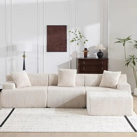 Modular Sectional Sofa in Corduroy, L-Shaped Cloud Couch with Ottoman, Deep Seating Living Room Furniture, Wide and Comfortable