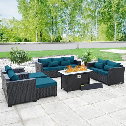 patio furniture set 45 inch outdoor fire pit 7 pieces outdoor furniture set patio sofa outdoor chair , peacock blue
